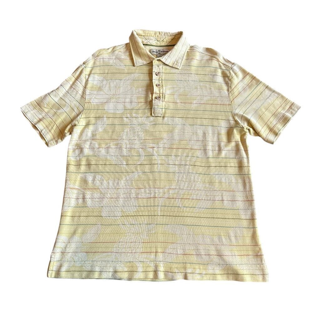 Tommy Bahama Silk Cotton Blend Polo Shirt Yellow Stripe Tropical Size Large Mens